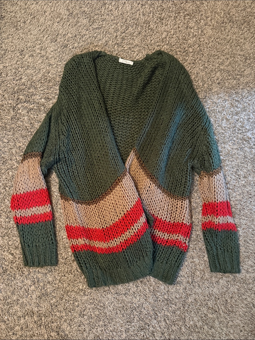 Open-Front Chunky Knit Cardigan in Forest Green with Red & Tan Stripes